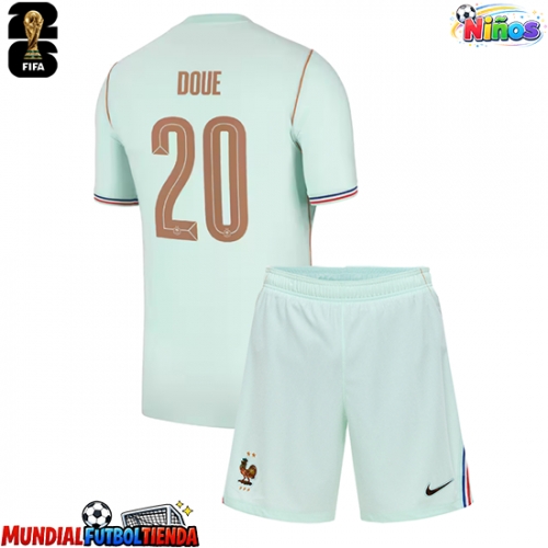 Camiseta Francia Desire Doue #20 Segunda Equipación Replica Mundial 2026 para niños mangas cortas (+ Pantalones cortos)